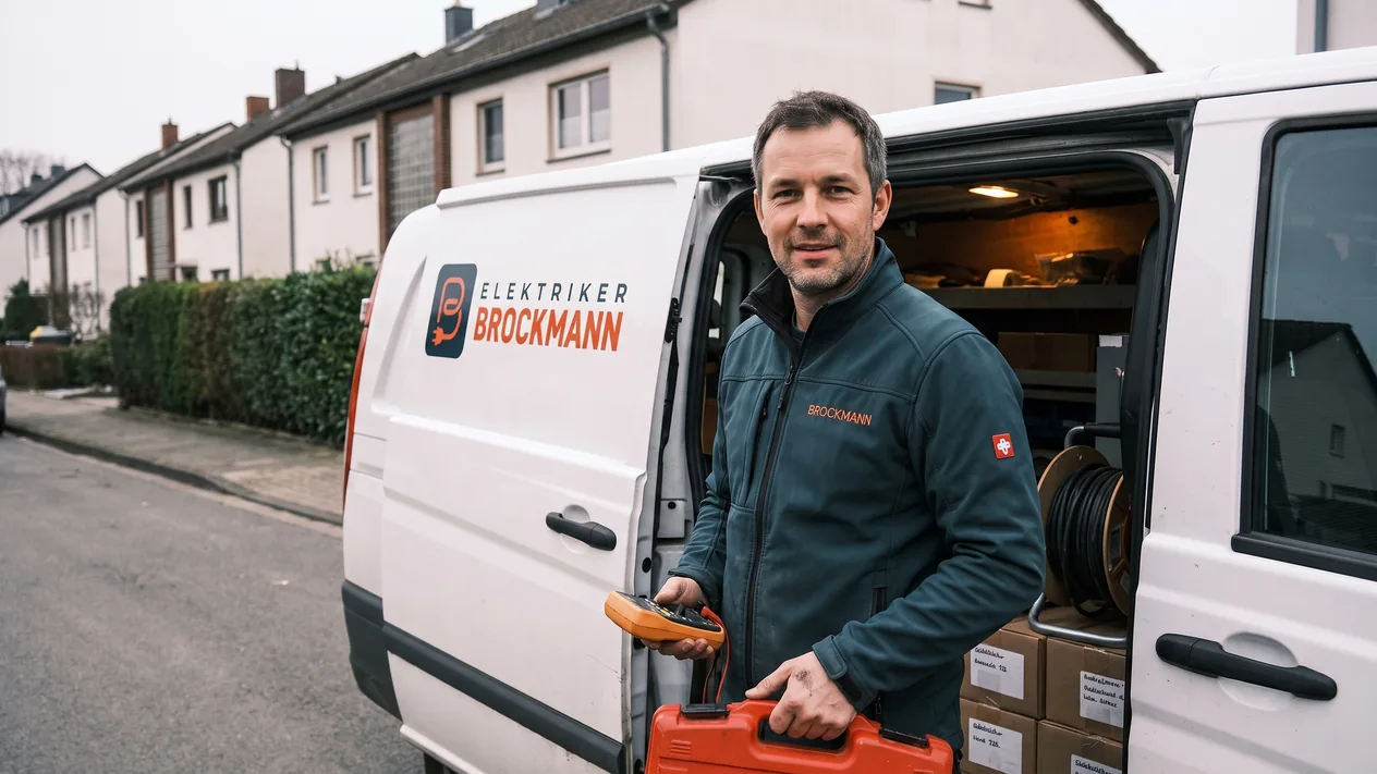 Jan Brockmann, Inhaber von Elektriker Brockmann, am Einsatzfahrzeug